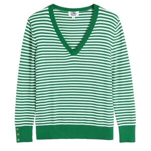 C&K Designs Green & White Striped V-Neck Sweater – XL, Button Sleeve Detail
